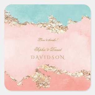 Luxury Pastel Watercolour Gold Foil Wedding Square Sticker