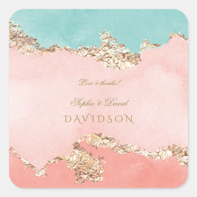 Luxury Pastel Watercolour Gold Foil Wedding Square Sticker (Front)