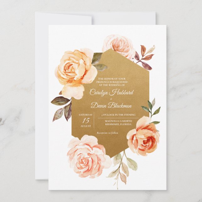 Luxury Peach Summer Autumn Gold Floral Wedding Invitation (Front)
