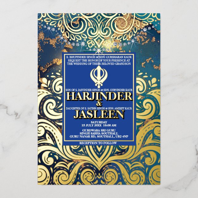 Luxury Peacock Blue Glitter Sikh Wedding (Front)