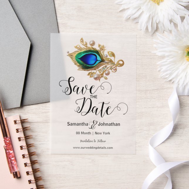 Luxury peacock feather pearl overlay elegant vellum invitations (Wedding)