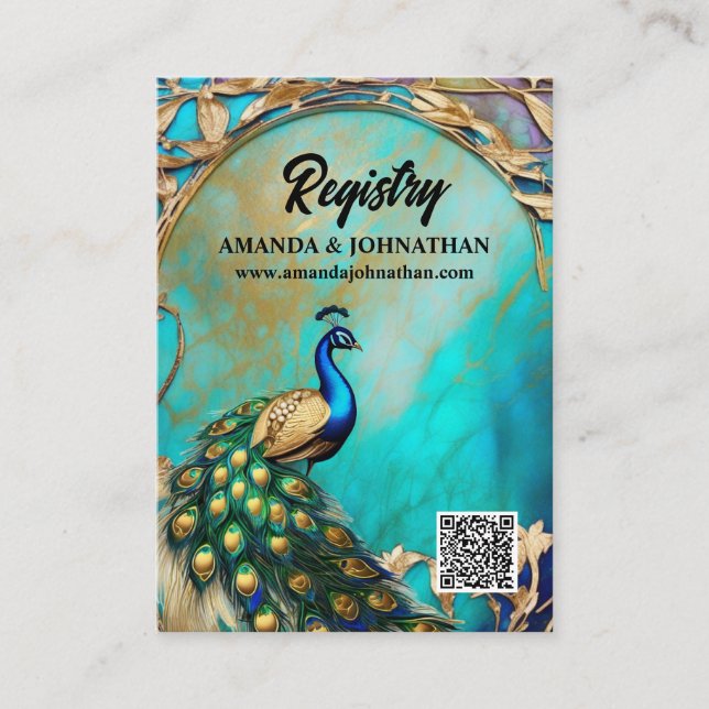Luxury peacock marble frame art nouveau registry enclosure card (Front)