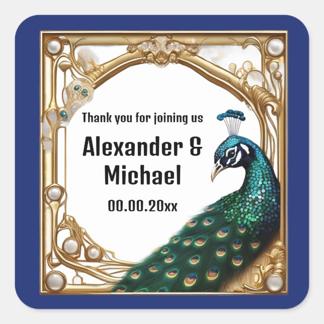 Luxury peacock pearls art nouvea thank you chic square sticker (Front)