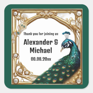 Luxury peacock pearls art nouvea thank you green square sticker