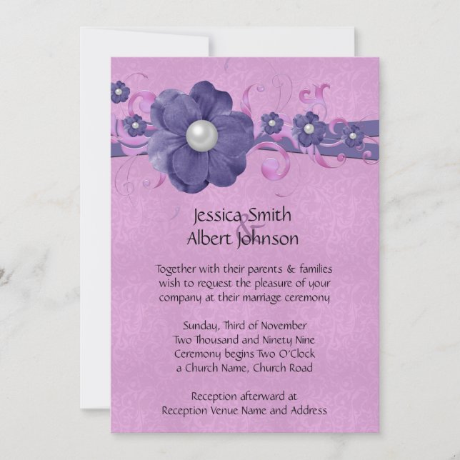 Luxury Pearl Floral Lavender Damask Wedding Invite (Front)