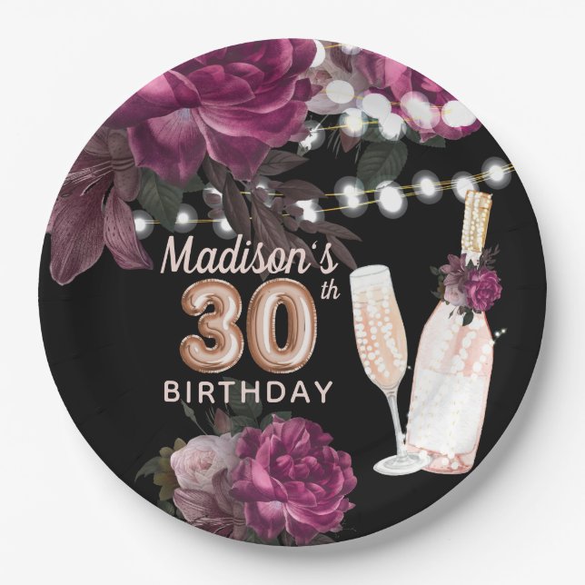 Luxury Personalised 30th Birthday Wine Rose Paper Plate (Front)