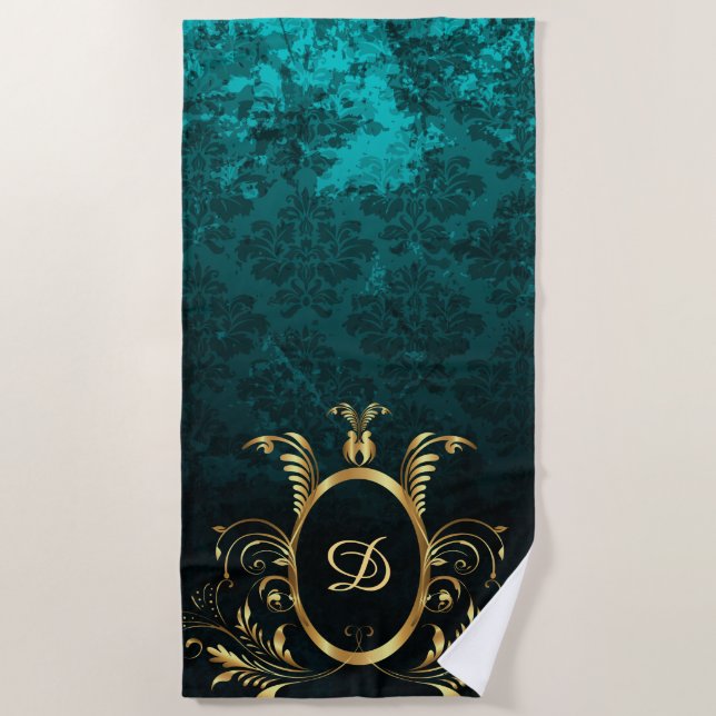 Luxury Personalised Damask gold Frame Beach Towel (Front)