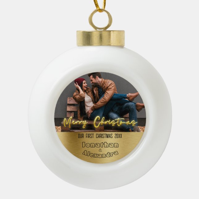 Luxury personalised first Christmas Elegant Couple Ceramic Ball Christmas Ornament (Front)