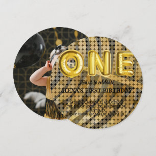 Luxury Photo Black and Gold disco Birthday Invitation