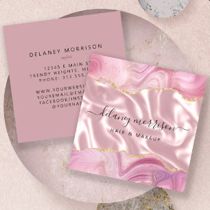 Luxury Pink Agate Silk Silver Glitter Square Business Card