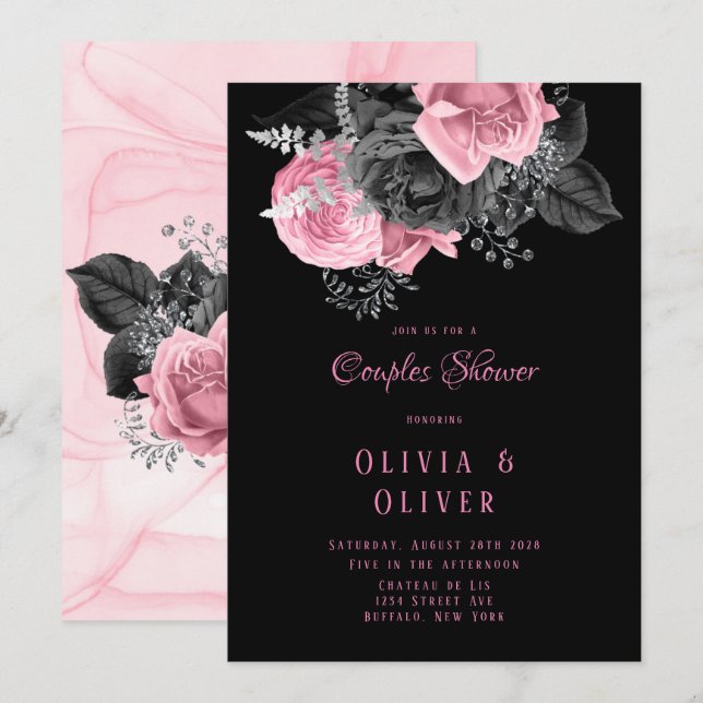 Luxury Pink and Black Floral Inking Couples Shower Invitation (Front/Back)
