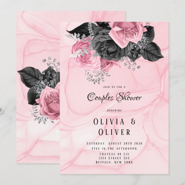 Luxury Pink and Black Floral Inking Couples Shower Invitation (Front/Back)