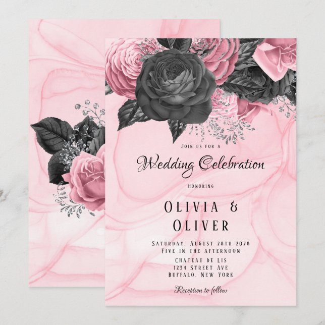 Luxury Pink and Black Floral Inking Wedding Invita Invitation (Front/Back)