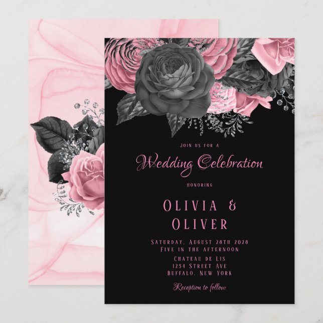 Luxury Pink and Black Floral Inking Wedding Invitation (Front/Back)
