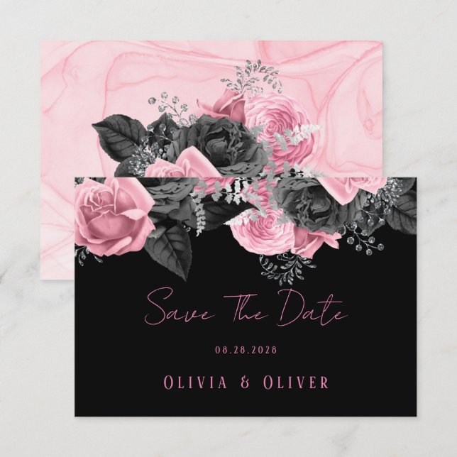 Luxury Pink and Black Floral Inking Wedding Save T Save The Date (Front/Back)