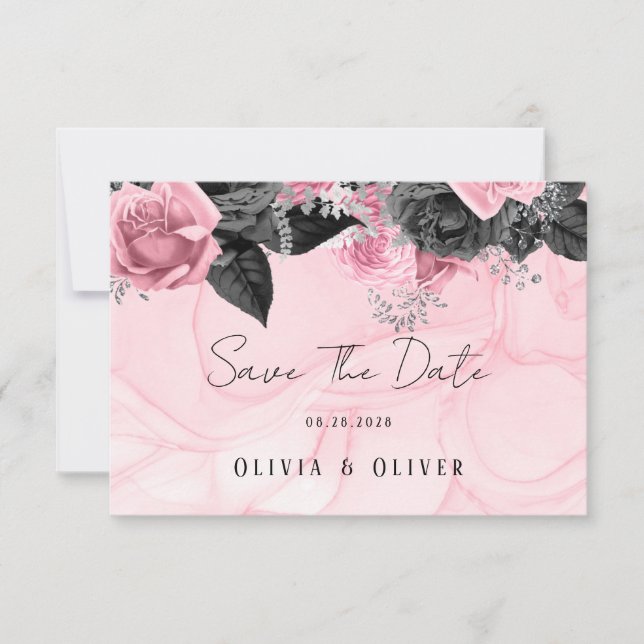 Luxury Pink and Black Floral Inking Wedding Save The Date (Front)
