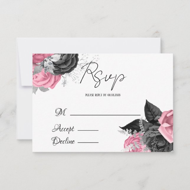 Luxury Pink and Black Floral Wedding RSVP (Front)