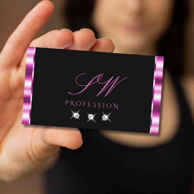 Luxury Pink and Black Sparkling Diamonds Monogram Business Card (Creator Uploaded)