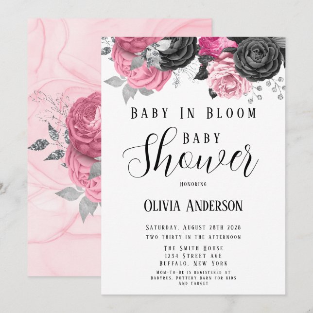 Luxury Pink Black Baby In Bloom Baby Shower Invita Invitation (Front/Back)