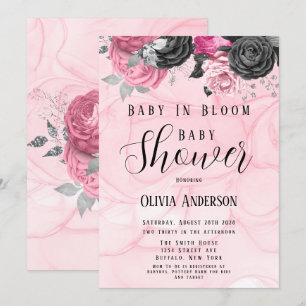 Luxury Pink Black Baby In Bloom Baby Shower Invitation