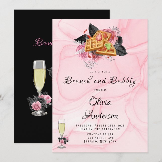 Luxury Pink Black Floral Inking Brunch & Bubbly  I Invitation (Front/Back)