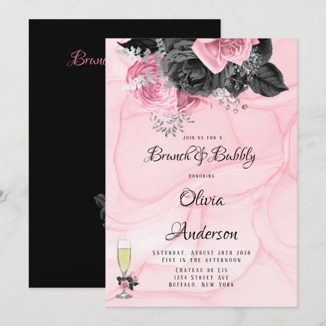 Luxury Pink Black Floral Inking Brunch & Bubbly  Invitation (Front/Back)