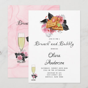 Luxury Pink Black Floral Inking Brunch & Bubbly Invitation