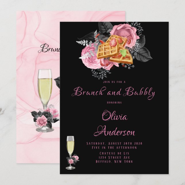 Luxury Pink Black Floral Inking Brunch & Bubbly Invitation (Front/Back)
