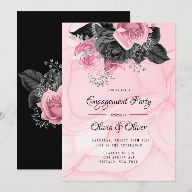 Luxury Pink Black Floral Inking Engagement Party  Invitation (Front/Back)