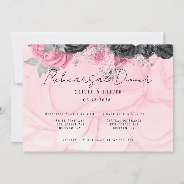 Luxury Pink & Black Floral Inking Rehearsal Dinner Invitation (Front)