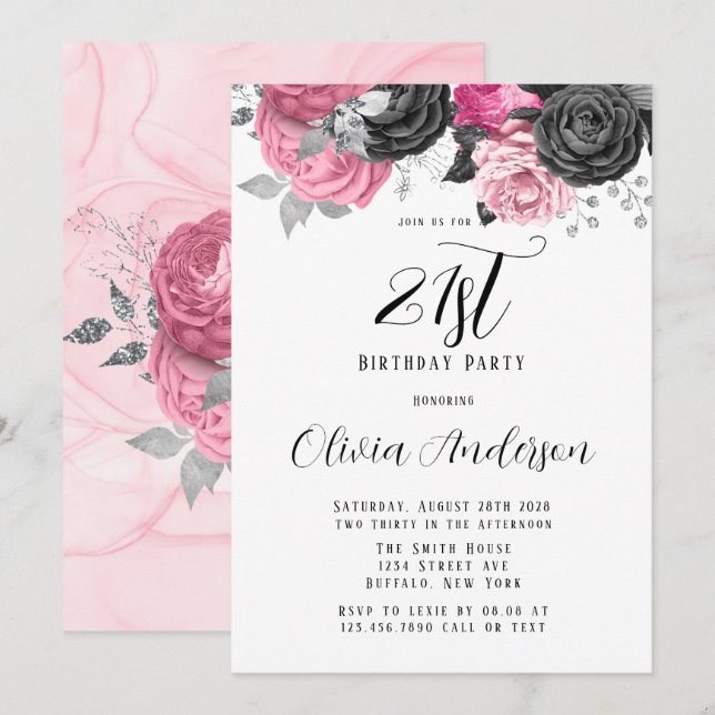 Luxury Pink Black Florals 21st Birthday Party  Invitation (Front/Back)