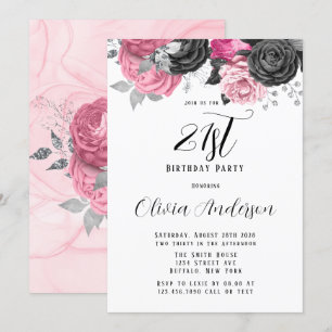 Luxury Pink Black Florals 21st Birthday Party  Invitation