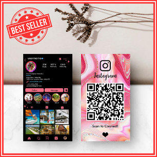 LUXURY Pink & Black Instagram Marble Agate QR Business Card