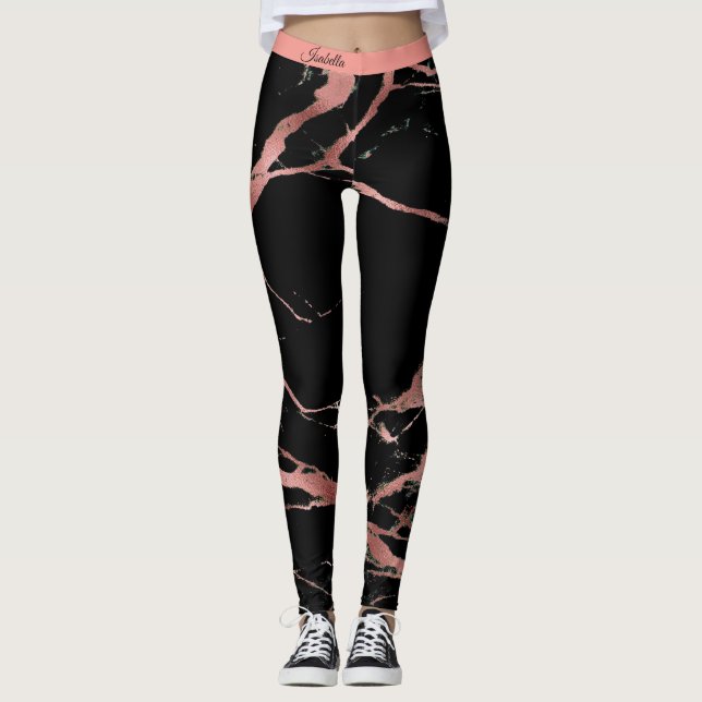 Luxury Pink Black Marble Add Text Leggings (Front)