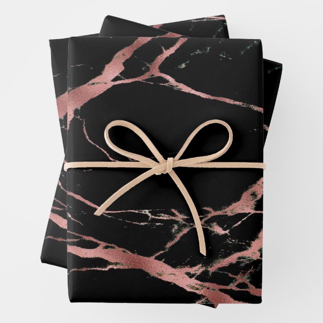 Luxury Pink Black Marble Customise Wrapping Paper Sheet (In situ)