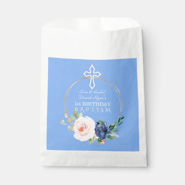 Luxury Pink Blue Floral Boy 1st Birthday & Baptism Favour Bags (Front)