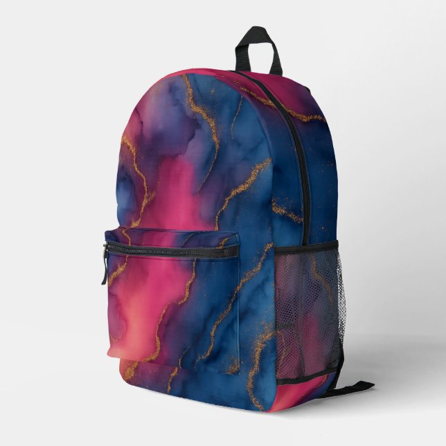 Luxury Pink Blue Gold Marble Backpack (Back Corner Right)