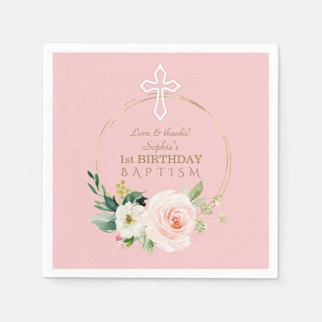 Luxury Pink Blush Floral 1st Birthday and Baptism Napkin (Front)