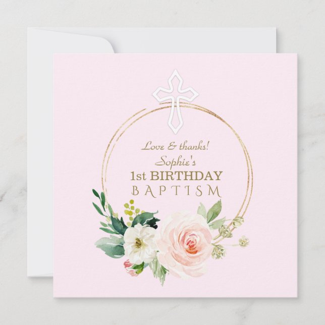 Luxury Pink Blush Floral 1st Birthday and Baptism Thank You Card (Front)