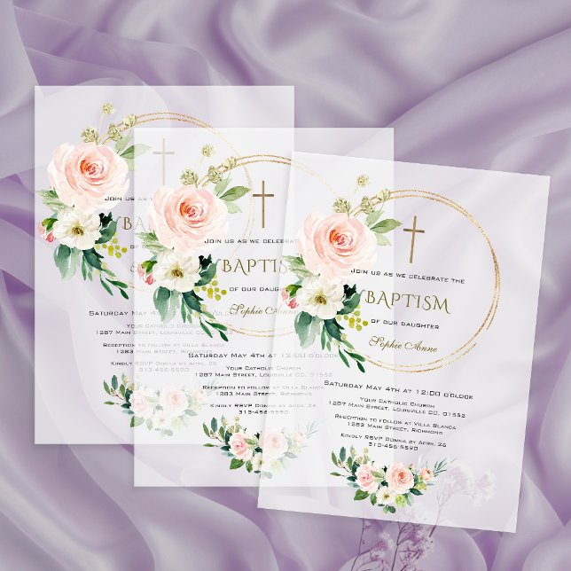 Luxury Pink Blush Floral Gold Cross Baptism Vellum Invitations (Creator Uploaded)