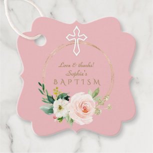 Luxury Pink Blush Floral White Cross Baptism Favour Tags