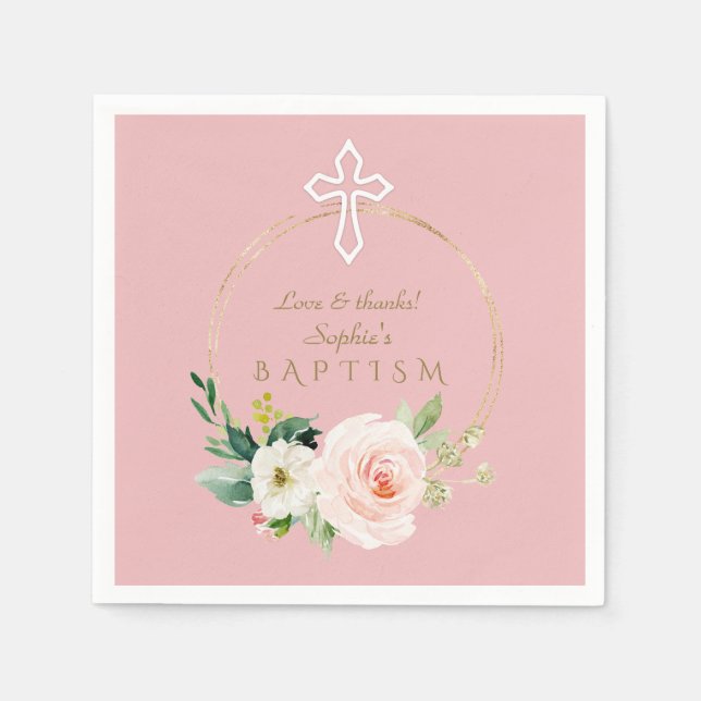 Luxury Pink Blush Floral White Cross Baptism Napkin (Front)