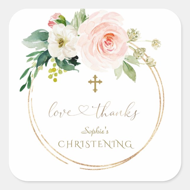 Luxury Pink Blush Floral White Cross Christening Square Sticker (Front)