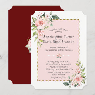 Luxury Pink Blush Flowers Gold Frame Wedding Invitation