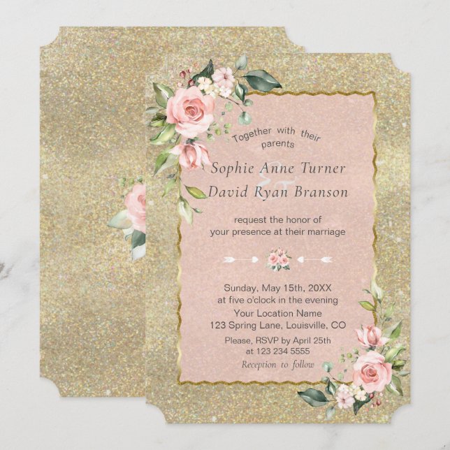 Luxury Pink Blush Flowers Gold Glitter Wedding Invitation (Front/Back)