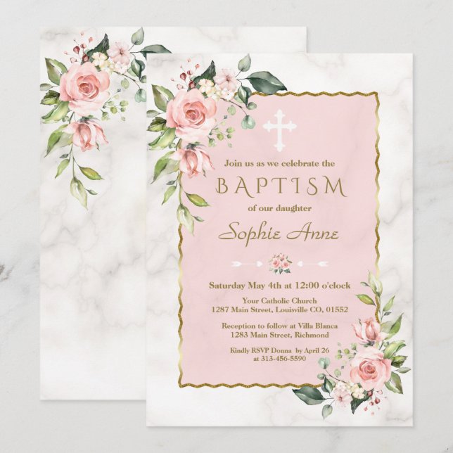 Luxury Pink Blush Flowers Gold Marble Baptism Invitation (Front/Back)