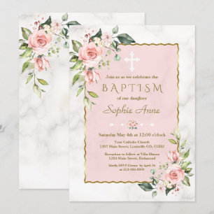 Luxury Pink Blush Flowers Gold Marble Baptism Invitation