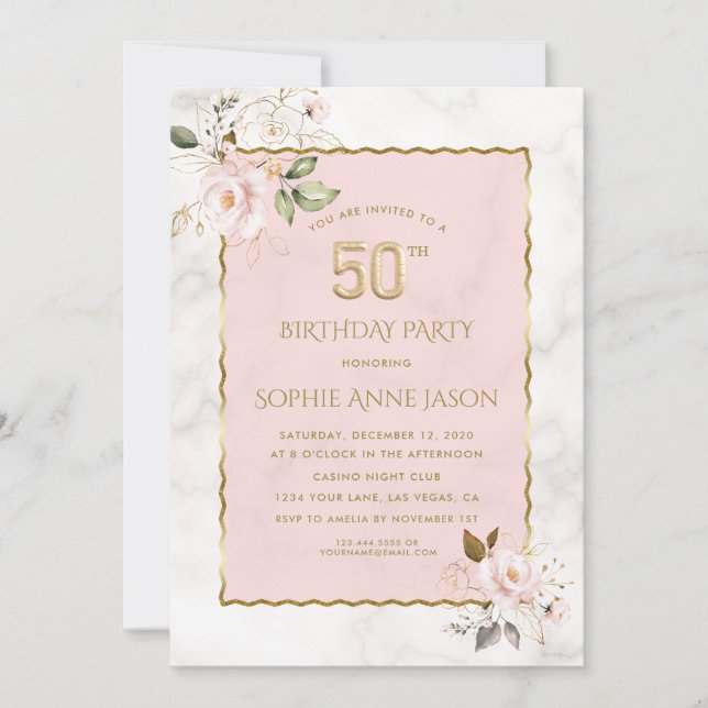 Luxury Pink Blush Flowers Marble 50th Birthday  Invitation (Front)
