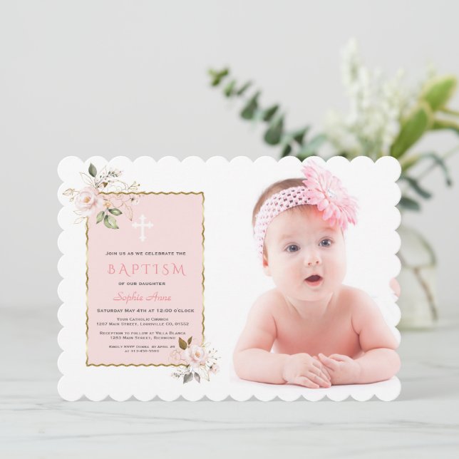 Luxury Pink Blush Gold Floral Photo Girl Baptism   Invitation (Standing Front)