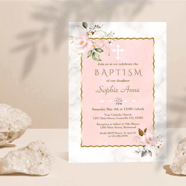 Luxury Pink Blush Gold Flowers Marble Baptism Invitation (Creator Uploaded)